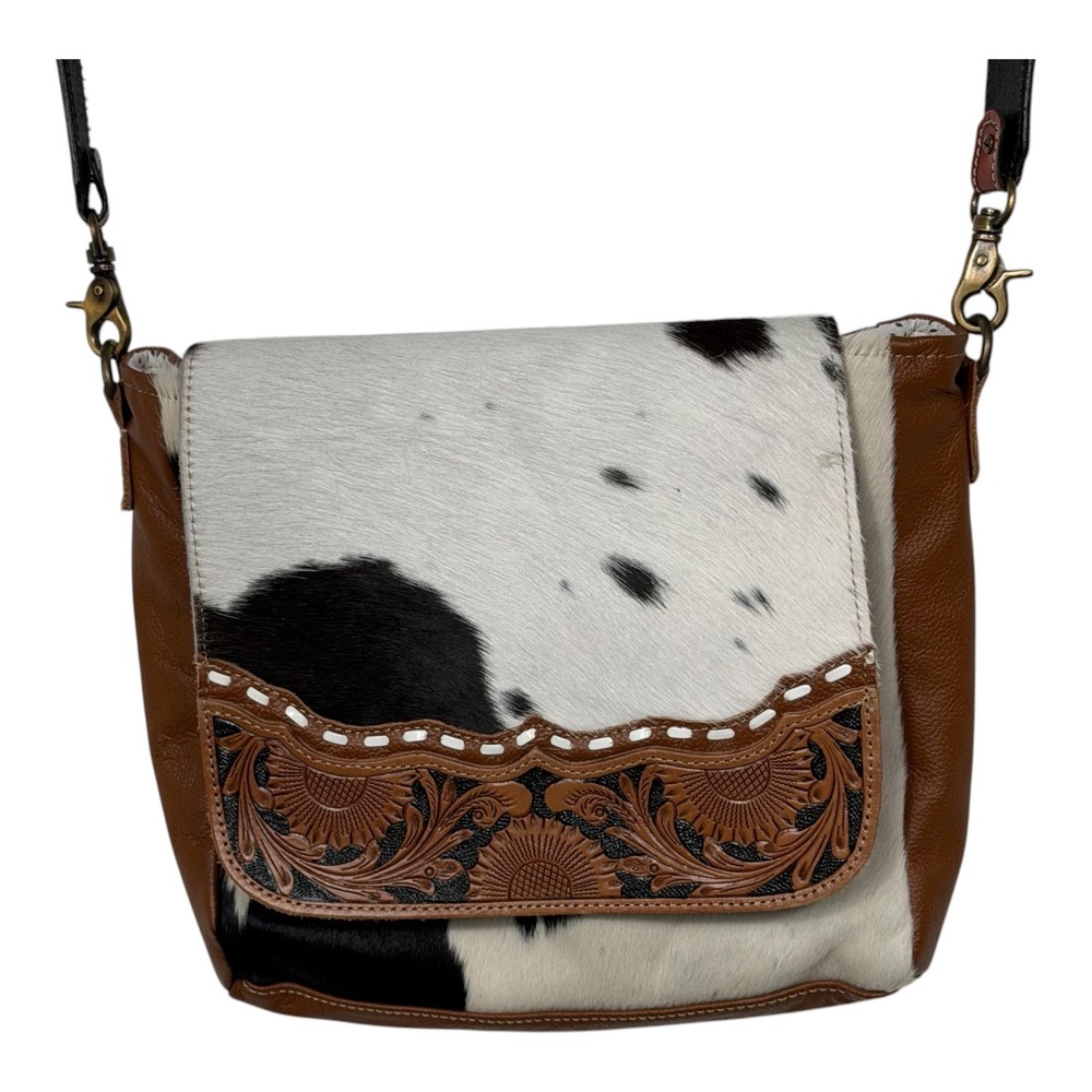 Myra Bag Cowhide Tooled Leather Crossbody Bag Beaded Strap Western Brown Black